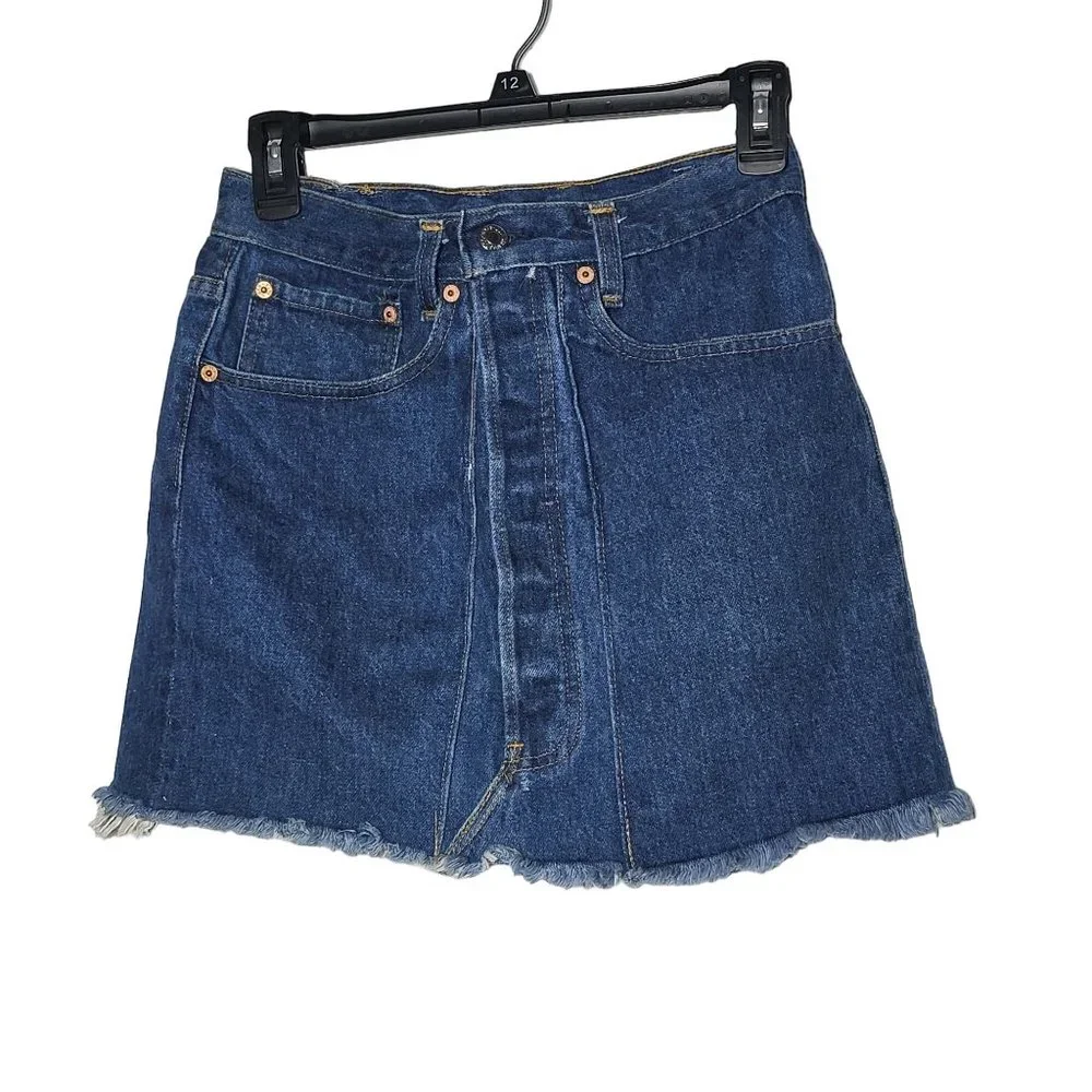 Levis Reworked Button Fly Fringe Denim Blue Jean Skirt 0 Upcycled Grunge Western